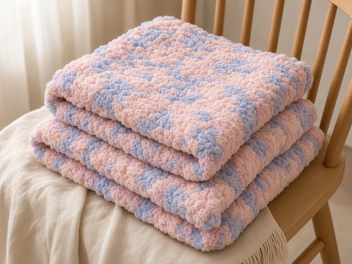 Handmade pink and periwinkle chenille blanket on cream linen